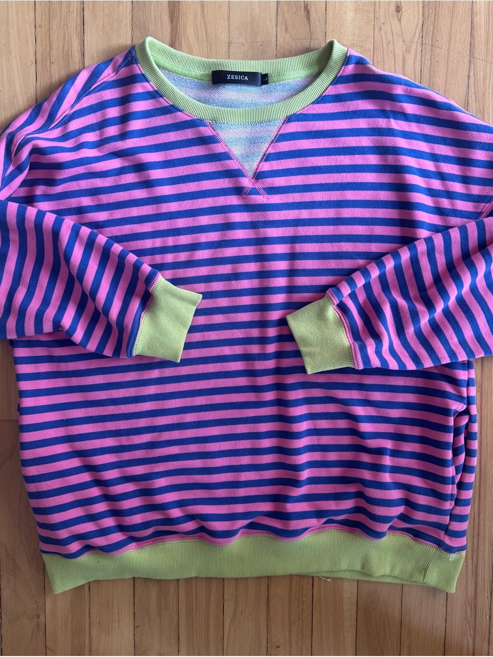 Zesica Striped Crewneck Sweatshirt - Pink & Blue with Lime Trim Size L
